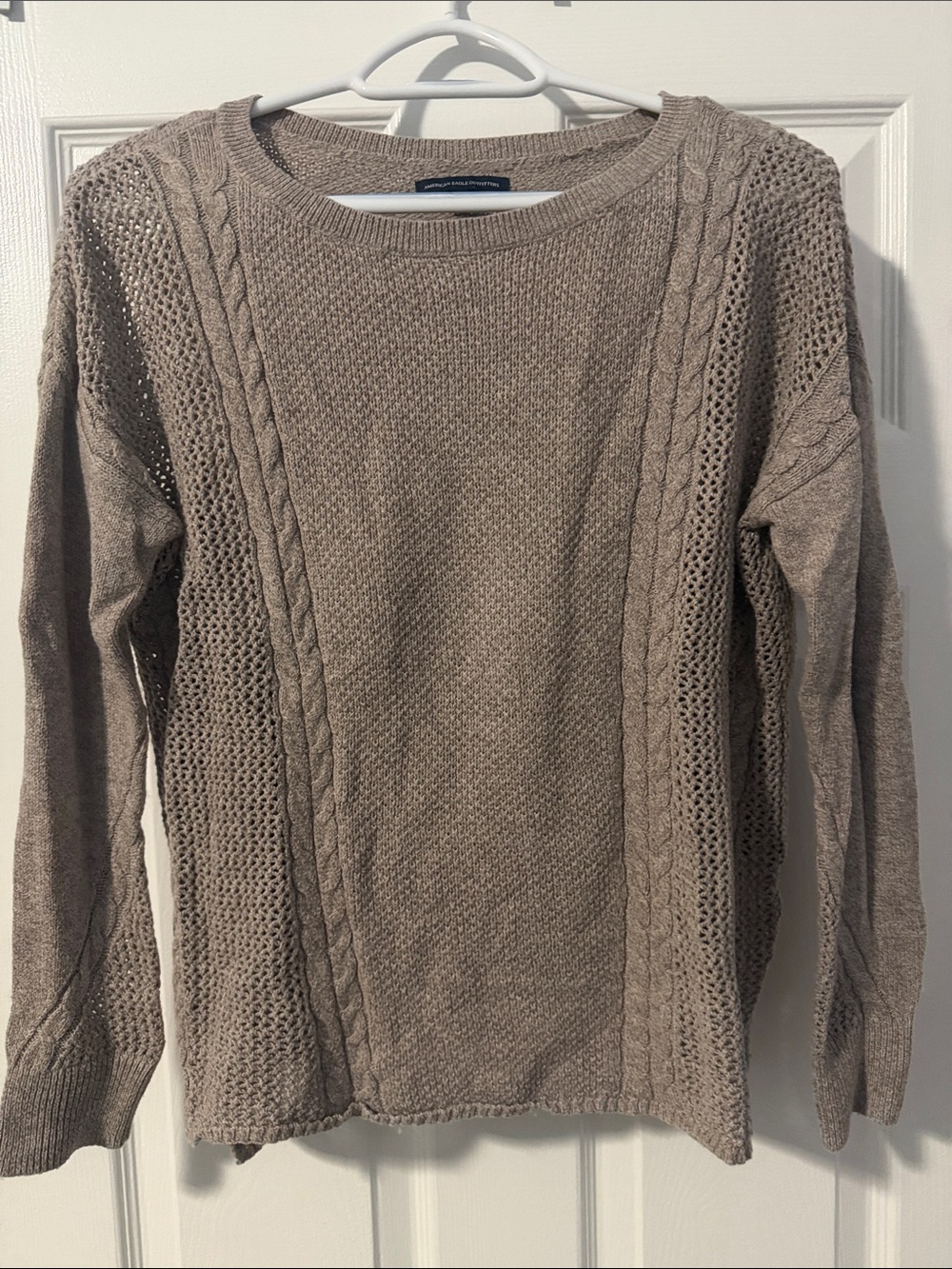 American Eagle Outfitters Taupe Open-Knit Cable Crewneck Sweater